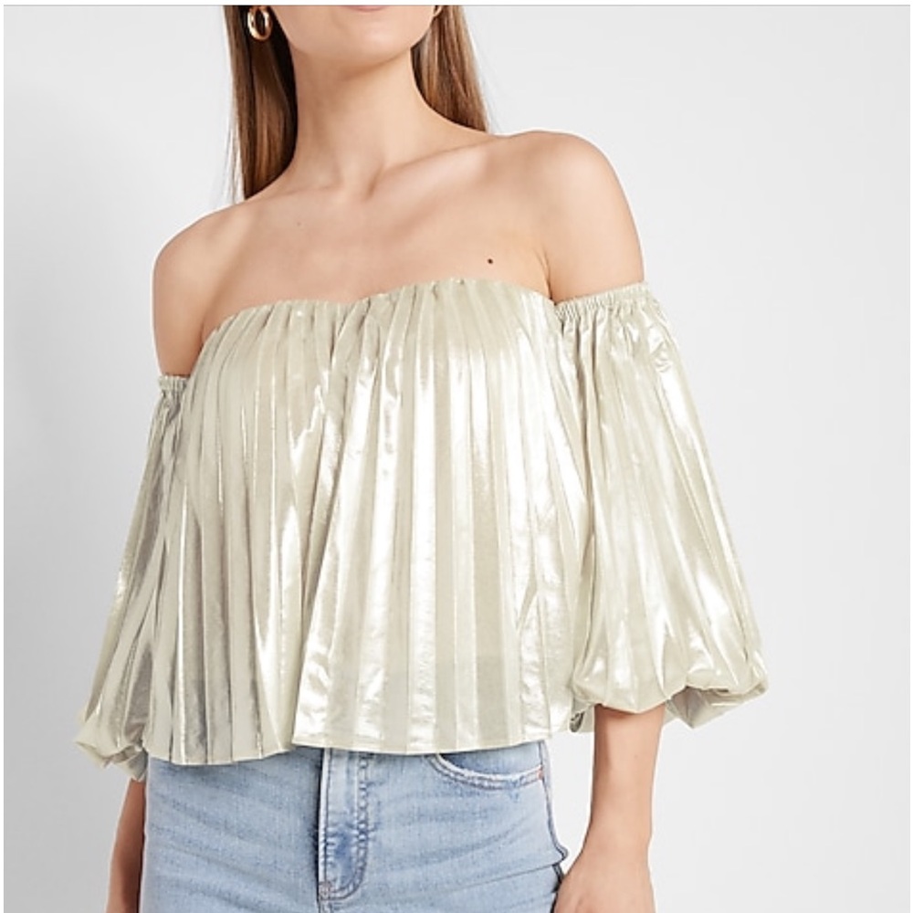 Express Metallic Pleated Off The Shoulder Balloon Sleeve Top XL